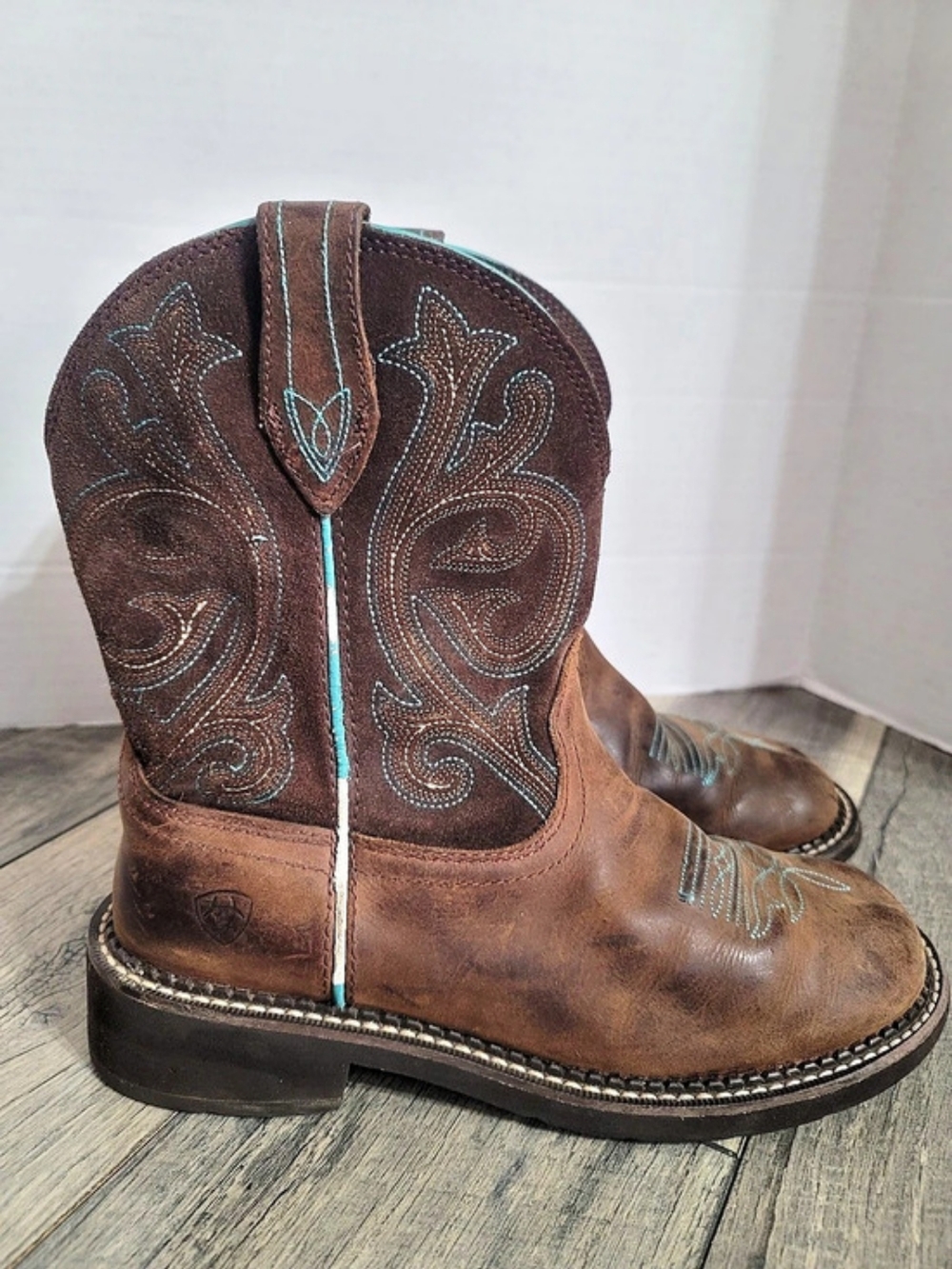 Ariat Women's Round Up Wide Square Toe Western Boots Brown & Blue US 10.5 B